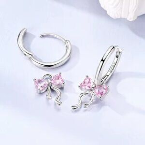 NEW ✨ 925 Silver Sparkling Pink Bow Drop Hoop Earrings | Gift for Her